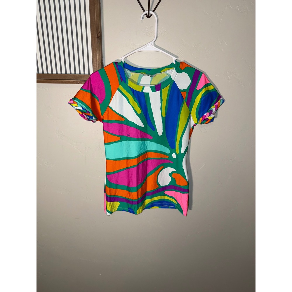 Trina Turk Womens Multi Color Abstract Print Short Sleeve Rash Guard Swim Top - Picture 2 of 7